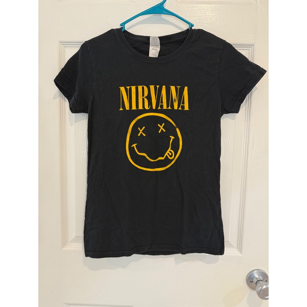 Nirvana Graphic T-Shirt Smiley Face Band Tee‎ Black Cotton Small